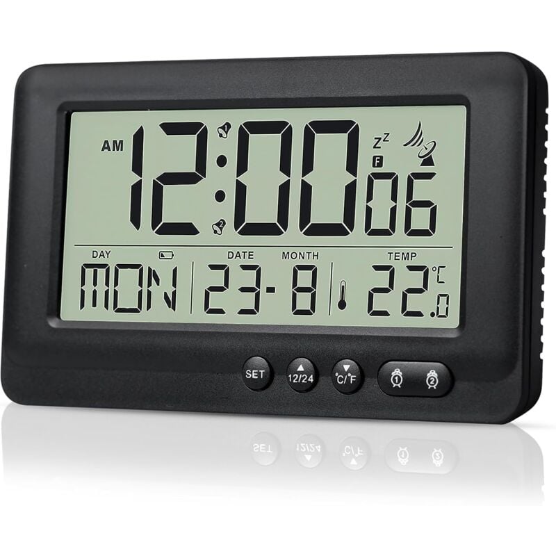 Réveil Numérique, Réveil Radio-Piloté Numérique, Réveil Radio-Pilotée, 2 Heures De Réveil, Fonction Snooze, Réveil avec Rétro-Éclairage, Noir