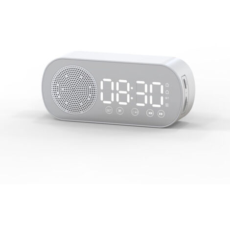 Réveil numérique sans fil à LED, haut-parleur compatible Bluetooth, Radio FM, grand écran, batterie, chambre à coucher, salon, bureau（Blanc）