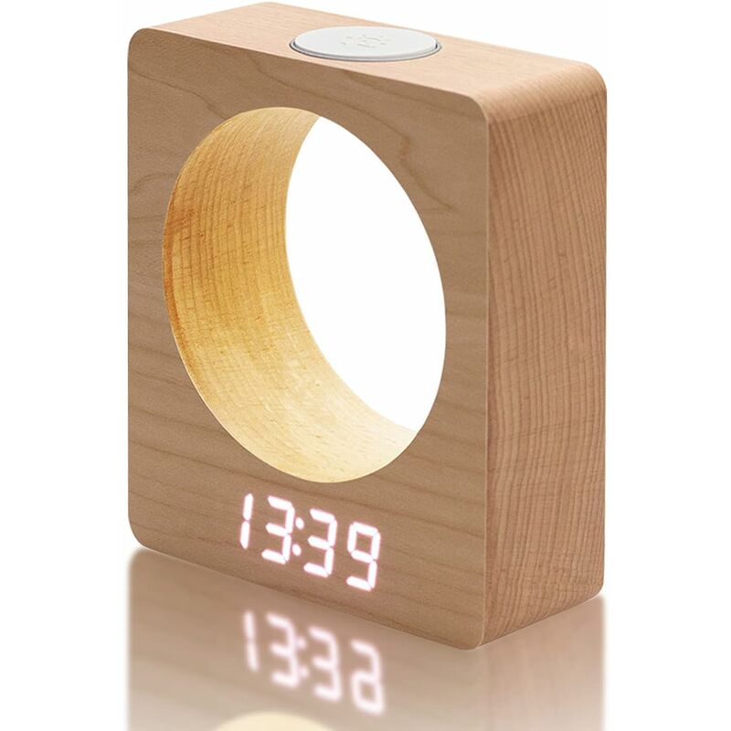 Réveil numérique silencieux en bois avec lumière, 3 alarmes de chevet, alimentation secteur, quatre niveaux d'intensité led avec affichage de la
