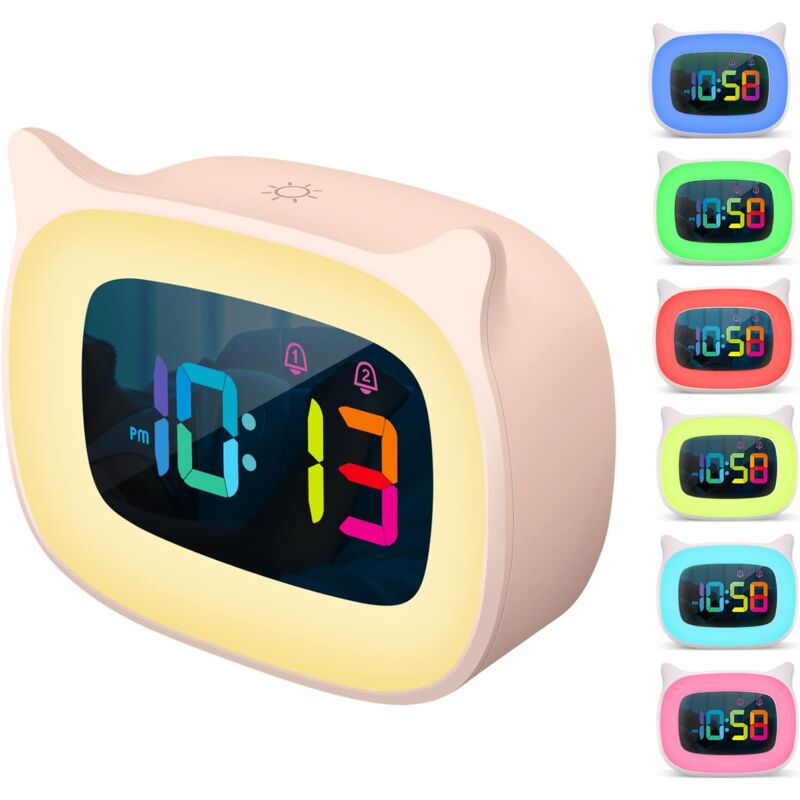 Réveil oreilles de chat mignon avec veilleuse RVB 7 couleurs et 18 sonneries, horloge rechargeable pour chambre d'enfant, affichage numérique LED