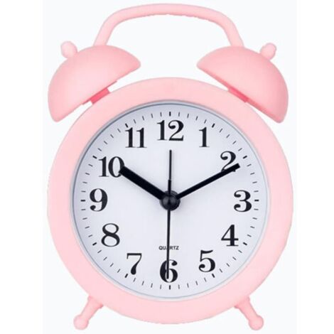 Réveil pour enfant, double cloche, classique, maison, jolie horloge analogique à piles, mini réveil rond pour table de chevet, rose