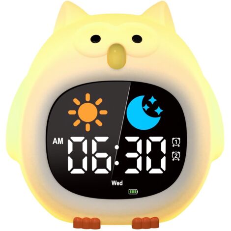Réveil pour Enfant Educatif Jour/Nuit 2 Alarme/12/24 Heure/Snooze Luminosité de l'Ecran Réglable Lumineux 7 Couleurs Réveil Matin Numérique 10 Chansons Arrêt Automatiquement