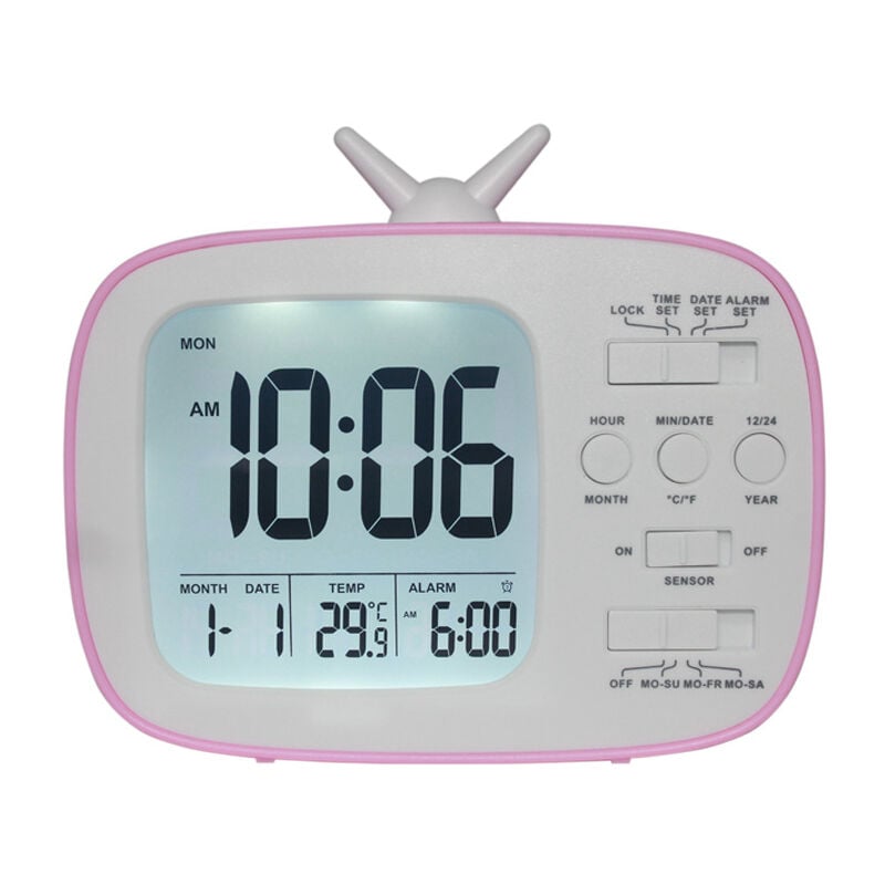 Réveil pour enfants avec capteur lumineux, cadeau pour chambre à coucher, alimenté par piles, en plastique, rose