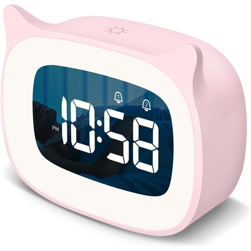 Réveil pour enfants avec veilleuse et 18 sonneries, rechargeable, horloge d'oreille en forme de chat mignon, cadeau d'anniversaire pour garçons et