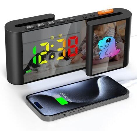 Réveil pour enfants digital avec lumière de nuit 7 couleurs, miroir LED RGB, fonction veilleuse, 2 modes d'alarme, réglage luminosité, 12/24h, horloge USB