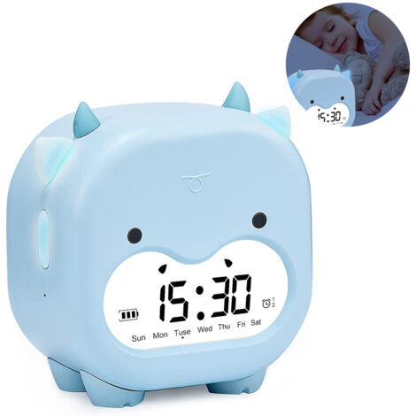Réveil pour enfants, en forme de vache rigolote, bleu.