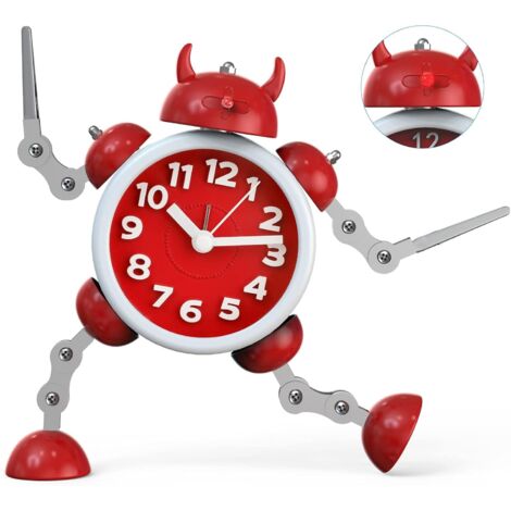 Réveil pour enfants, garons, filles, réveil robot, réveil analogique pour enfants, sans tic-tac, réveil silencieux pour garons et filles, réveil sans tic-tac avec yeux clignotants et bras rotatif, cad