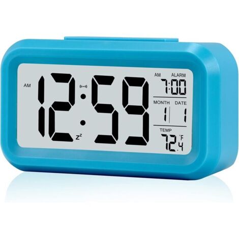 Réveil pour enfants, horloge de table numérique à piles, avec veilleuse intelligente, température, fonction snooze, petite horloge électronique pour table de chevet de chambre à coucher - Bleu