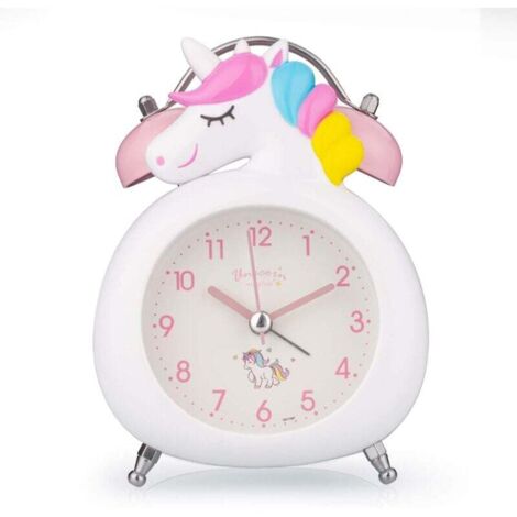 Réveil pour enfants horloge silencieuse avec veilleuse et alarme forte à Pôles mignon licorne double cloches horloge (blanc)-Fei Yu