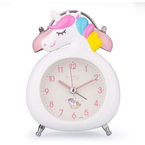 Réveil pour enfants horloge silencieuse avec veilleuse et alarme forte à Pôles mignon licorne double cloches horloge (blanc)-Fei Yu