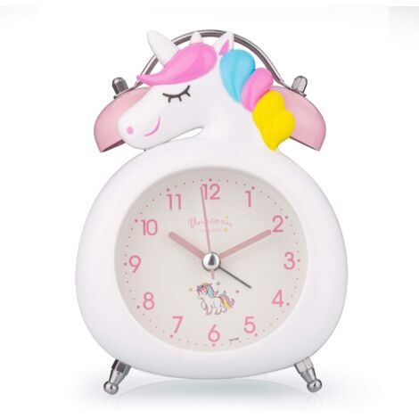 Réveil pour enfants horloge silencieuse avec veilleuse et alarme forte à Pôles mignon licorne double cloches horloge (blanc)-Fei Yu