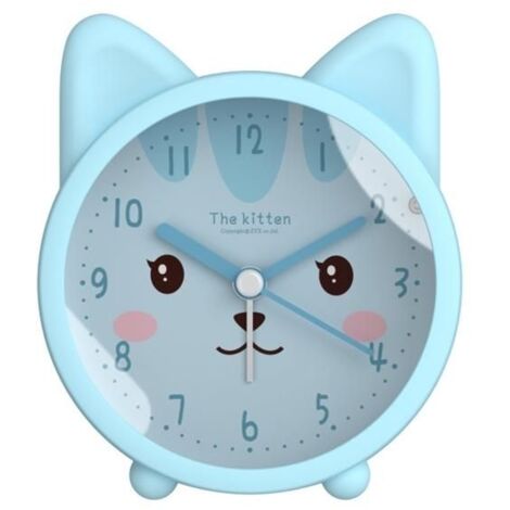 Réveil pour enfants, mignon, animal, chien/chat, silencieux, sans tic-tac, en silicone, veilleuse, horloge de voyage --- Chat bleu