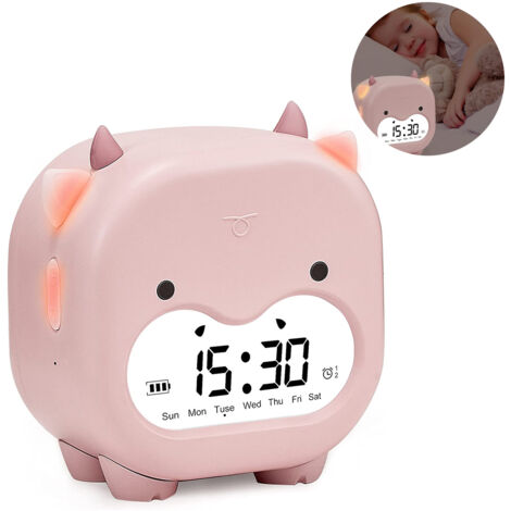 Réveil pour enfants, orné d'un joli motif de vache, rose, rechargeable.