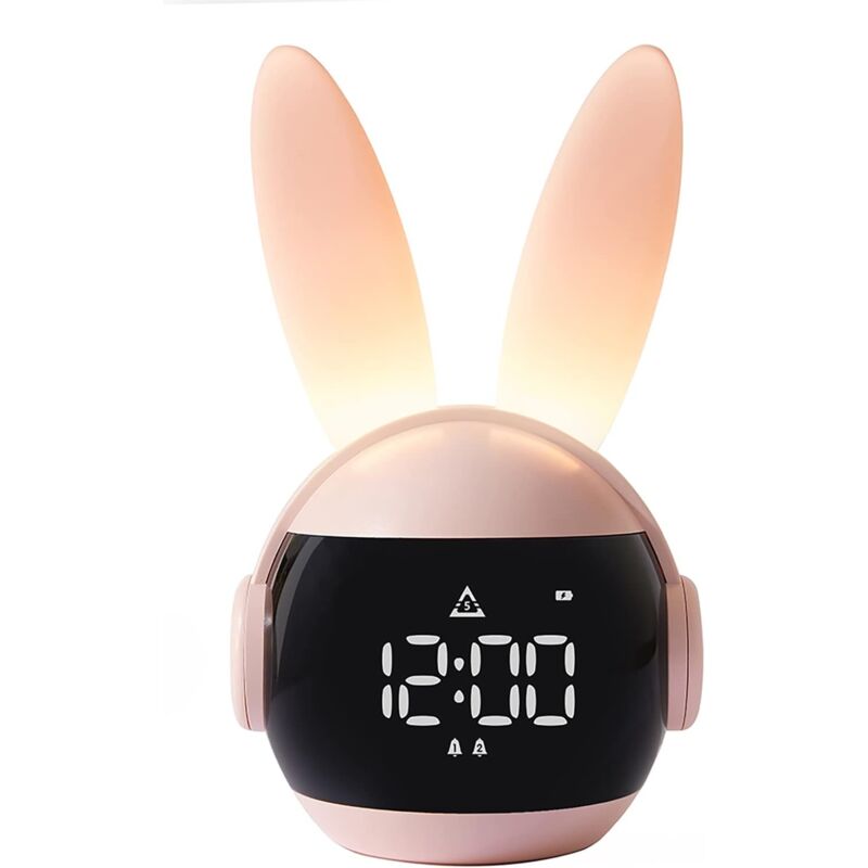 Réveil pour enfants, réveil lapin pour filles et garçons, réveil rose pour enfants avec cloche et veilleuse, fonction Snooze Rechargeable