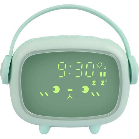 Réveil pour enfants, réveil numérique mignon, 2 alarmes, volume réglable, minuteur multifonctionnel, compte à rebours/snooze/commande vocale, rechargeable