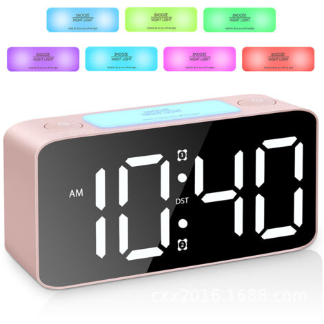 Réveil pour gros dormeurs, réveil numérique avec veilleuse 7 couleurs, volume réglable, variateur, chargeur USB, petit réveil de chevet rose