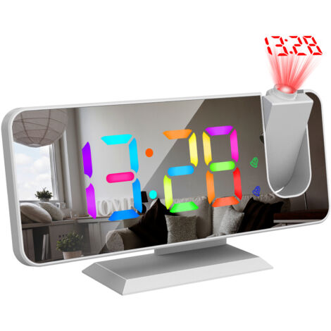 Réveil Projecteur 180° USB avec Écran Miroir LED RGB, Alarme Double et Fonction Repos, 7,4'' pour Salon Bureau