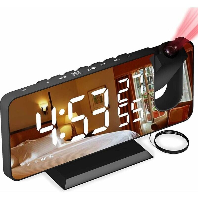 Reveil Projecteur avec Radio, Horloge Numérique, Radio Reveil usb avec Double Alarme et Écran Miroir led de 7, Snooze, 4 Niveaux de Luminosité,