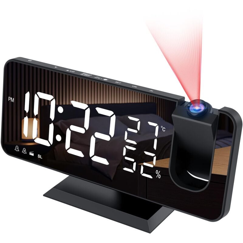 Beijiyi - Reveil Projecteur avec Radio, Horloge Numérique, Radio Reveil usb avec Double Alarme et Écran Miroir led de 7, Snooze, 4 Niveaux de