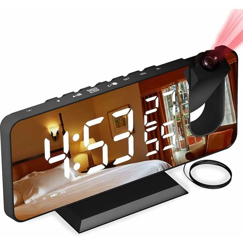 Reveil Projecteur avec Radio, Horloge Numérique, Radio Reveil USB avec Double Alarme et Écran Miroir LED de 7（caractères blancs）