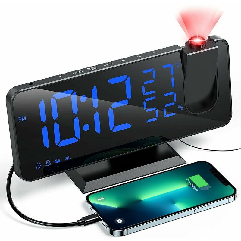 Reveil Projecteur avec Radio, Horloge Numérique, Radio Reveil USB avec Double Alarme et Écran Miroir LED de 7(mot bleu)