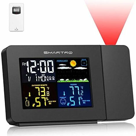 Réveil projecteur de chambre avec station météo, thermomètre intérieur/extérieur avec capteur sans fil, hygromètre/moniteur d'humidité 1 pièce