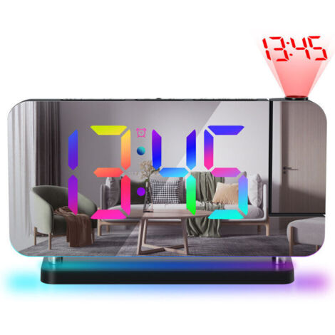 Réveil Projecteur - Horloge Miroir Digitale 7,4 Pouces (18,8cm) avec Projecteur Rotatif 180°, Veilleuse RVB, Port de Charge USB-C, Variateur Auto, Horloge de Bureau LED pour Chambre