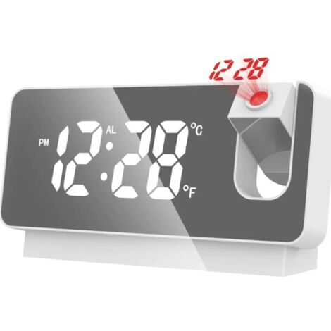 Réveil projecteur, horloge miroir numérique avec projecteur rotatif à 180°, affichage de la température et de la date, fonction alarme, port de chargement USB, pour chambre, maison, blanc