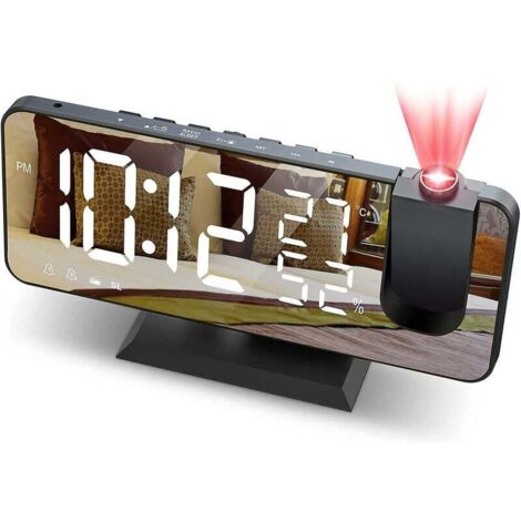 Réveil Projecteur LED – Écran Miroir, USB, Radio, Snooze, Double Alarme