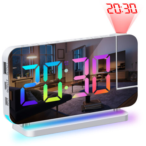 Réveil projecteur LED RGB, 7 pouces, surface miroir, variateur 6 niveaux, chargeur USB, snooze, 12/24h, 11 couleurs, projection 180°