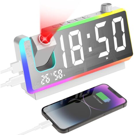 Reveil Projecteur Plafond, Réveil avec Grand Écran LED de 7 Pouces, Veilleuse RGB à 8 Modes, Projecteur à 180°, Double Alarme, Snooze, Double Port USB, TempéRature et Humidité, Blanc