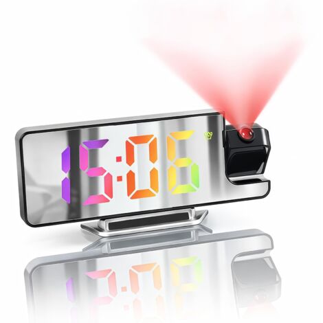 Réveil Projecteur Plafond, Réveil Projection 180° Réglable avec Affichage LED, 12H/24H, Chiffres Colorés, Affichage Miroir, Mode Nuit, Luminosité Réglable, Cadeau High-Tech