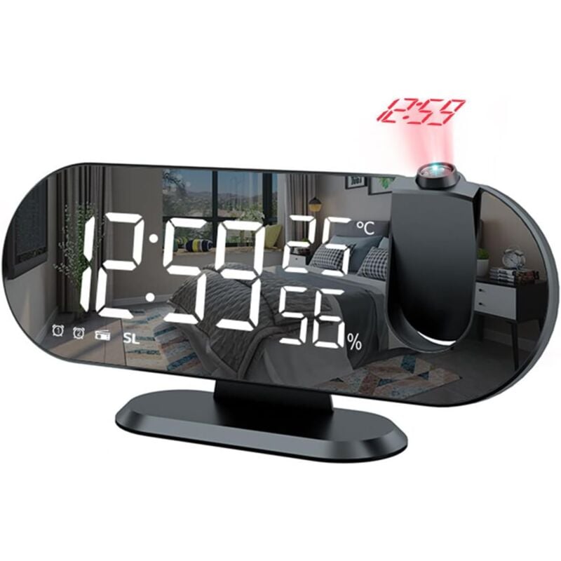 Reveil Projecteur Plafond, Réveil Projection, Horloge Digitale Projecteur 180°, Ecran Miroir 7, 4 Luminosités Réglable, Température et Humidité,