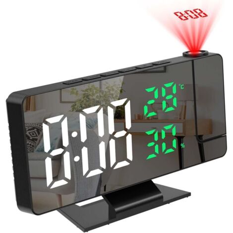 Reveil Projecteur Plafond,Réveil Projection, Horloge Digitale Projecteur 180°, Ecran Miroir 7.8", 4 Luminosités Réglable, Température et Humidité