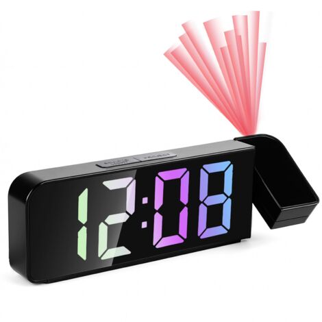 Réveil Projecteur, Réveil avec Projection Numérique et Thermomètre, Projecteur 180° Réglable, 4 Luminosités Grand Écran LED 7,9", Snooze, Mode Nuit, Chiffres Colorés