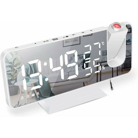DHKLFA Reveil Projecteur,Radio Réveil avec Température,Humidité,Ecran LED Miroir de 7,5 Pouces,Snooze Double Alarme,4 Luminosité de L'écran avec Fonction de Gradation Automatique,Port de USB (Blanc)