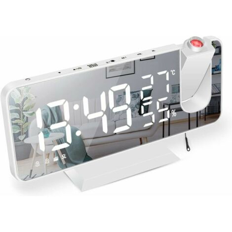 Reveil Projecteur,Radio Réveil avec Température,Humidité,Ecran LED Miroir de 7,5 Pouces,Snooze Double Alarme,4 Luminosité de L'écran avec Fonction de Gradation Automatique,Port de USB (Blanc)