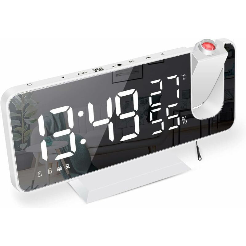 Xinuy - Reveil Projecteur,Radio Réveil avec Température,Humidité,Ecran led Miroir de 7,5 Pouces, avec Fonction de Gradation Automatique, (Blanc)
