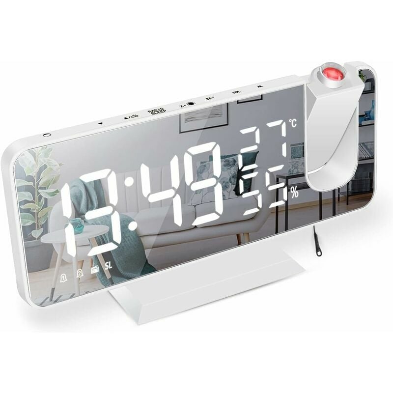 Ensoleille - Reveil Projecteur,Radio Réveil avec Température,Humidité,Ecran led Miroir de 7,5 Pouces,Snooze Double Alarme,4 Luminosité de L'écran