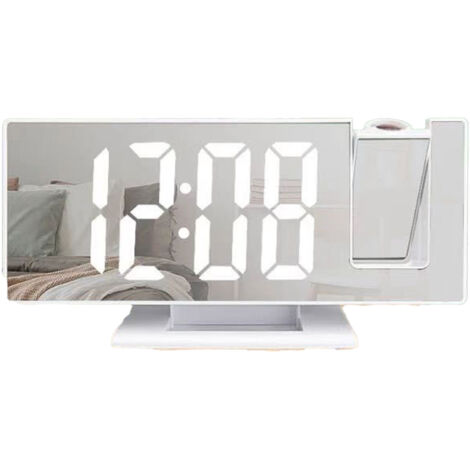 Réveil Projection LED Grand Écran avec Surface Miroir ABS, Horloge Électronique Projecteur pour Chambre, Coque Blanche et Lumière Blanche