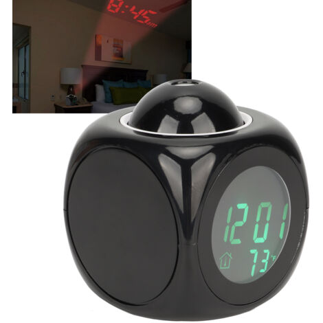 Réveil Projeté LED avec Affichage Digital, Snooze, Annonce Vocale, Thermostat, USB, Noir