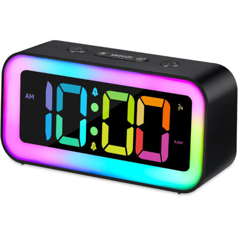 Réveil puissant avec lumière RGB dynamique, double alarme, variateur et chargeur USB - pour adultes, enfants et seniors (Noir)