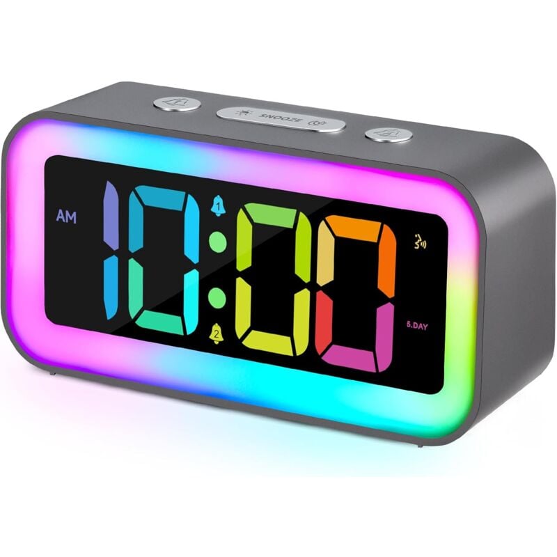 Réveil puissant pour chambre à coucher avec veilleuse RVB dynamique, adulte endormi, double réveil, variateur, chargeur USB, horloge numérique pour
