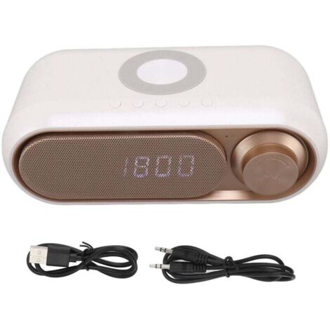 Réveil Radio Bluetooth Chargeur Sans Fil LED Numérique FM Haut Parleur 10 W Blanc Or