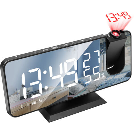 Réveil Radio Horloge Digitale avec Projection de Date, écran LED, grande led, Alarm Double, Affichage Température/Humidité, Design Minimaliste, Cadre ABS Blanc ou Noir