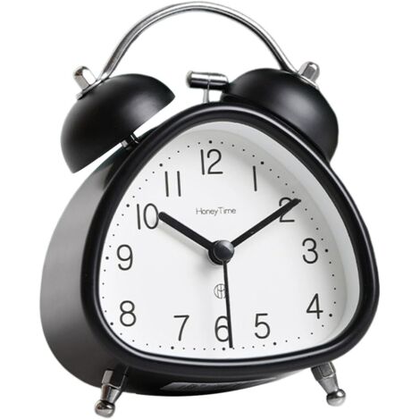 Réveil, Réveil en métal avec double cloche, Réveil silencieux sans tic-tac rétro vintage pour bureau, table, table de nuit avec fonction de veilleuse pour les dormeurs profonds (Noir)