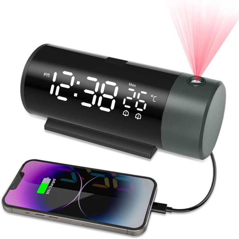 Reveil, Reveil Projecteur Plafond 180°, Horloge Numérique Grand Écran led, Reveil numerique, Date 12/24H et Luminosité Réglable à 4 Niveaux, Fonction