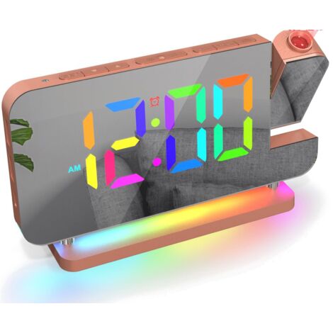 Réveil RGB Réveil Numérique à Projection Horloge LED avec Lumière Nuit Arc-en-Ciel et Ports Chargement USB&C Volume Ajustable Horloge Miroir pour Chambre Rose