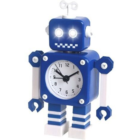 Réveil Robot, réveil Silencieux en Métal Inoxydable avec Yeux Lumineux Clignotants et Bras Rotatif, Cadeau pour Enfants (Bleu Blanc)