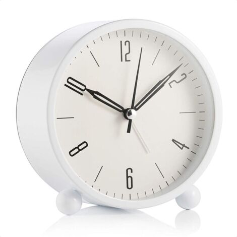 Réveil rond sans coutil, à piles et fonction d'éclairage, réveil super silencieux, design simple et élégant pour bureau / chambre à coucher, blanc